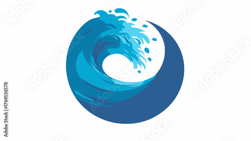 Dynamic stylized blue ocean wave vector illustration forming a circular shape with water splash. Abstract aqua design element.