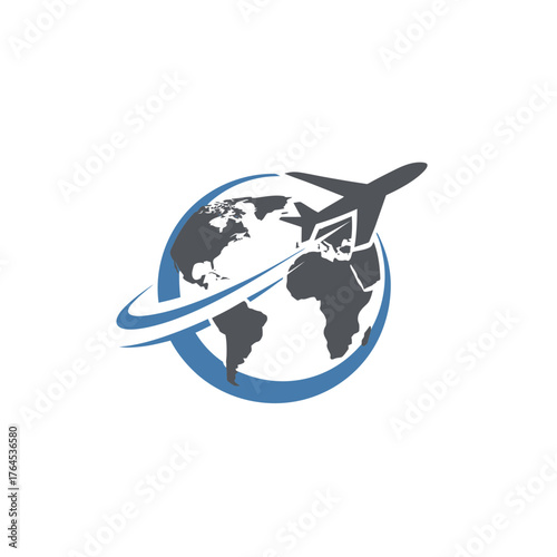 Airplane flying around a stylized world globe. Global travel and international transportation concept vector graphic for tourism and logistics.