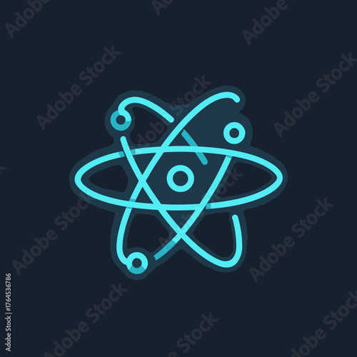 Glowing neon blue atom icon with orbiting electrons on a dark background, symbolizing science, technology, physics, and molecular structure.