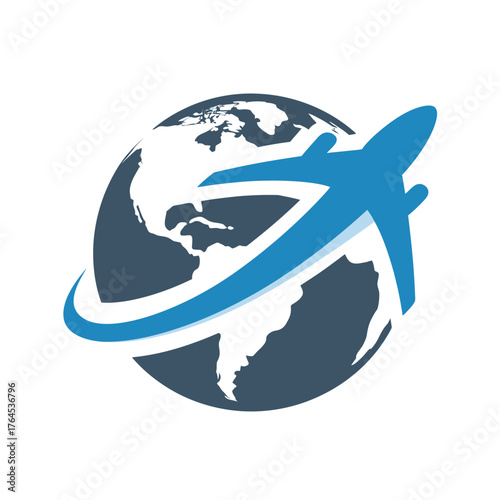 Blue airplane circling the earth globe, representing global travel, international flights, worldwide transport, and aviation concept vector icon.