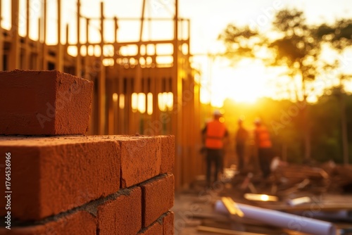 Bricklaying at Sunset: Close-up of Bricks at a Construction Site with Blurred Workers and Golden Light