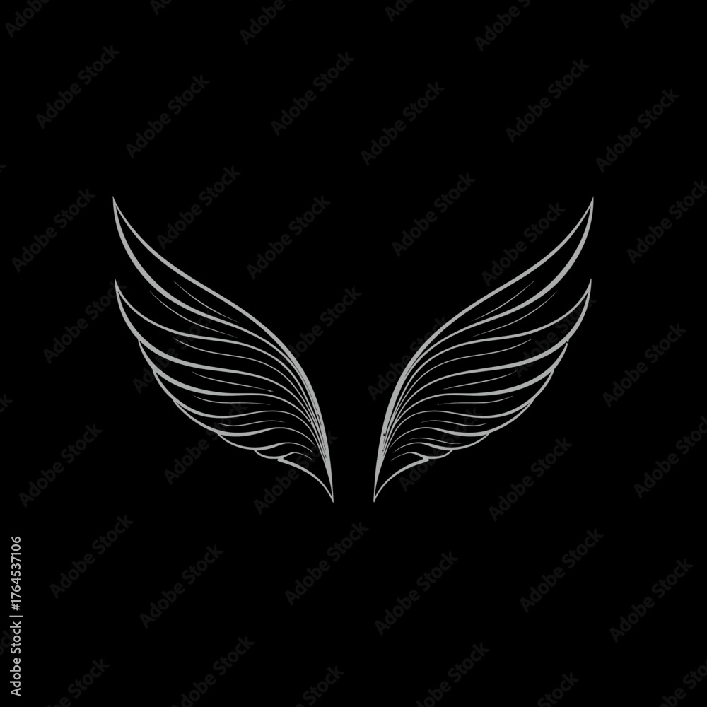 Fototapeta premium Elegant stylized white outline wings with feathery details on a black background. Abstract design symbolizing freedom, spirituality, and grace.