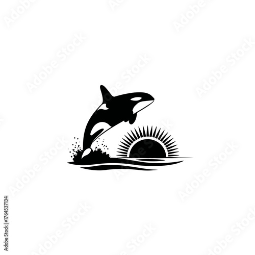 Dynamic black silhouette of an orca jumping from ocean waves with a stylized sun on the horizon, marine life vector graphic design.