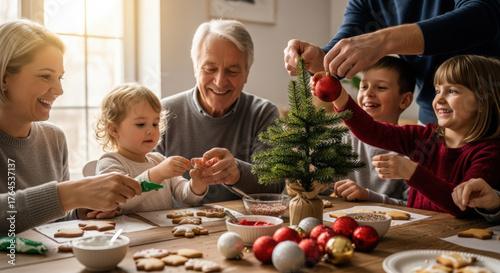 Multi-generational family decorating a small Christmas tree with cookies and ornaments together, celebrating holiday traditions at home.