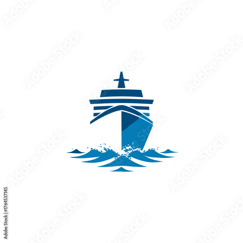 Blue vector illustration of a modern passenger ship sailing through ocean waves, perfect for travel, transport, or tourism design.