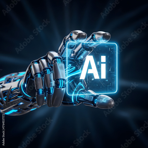 Futuristic robot hand displaying a vibrant AI icon, representing cutting-edge technology and innovation for modern digital solutions with a sleek, dynamic design