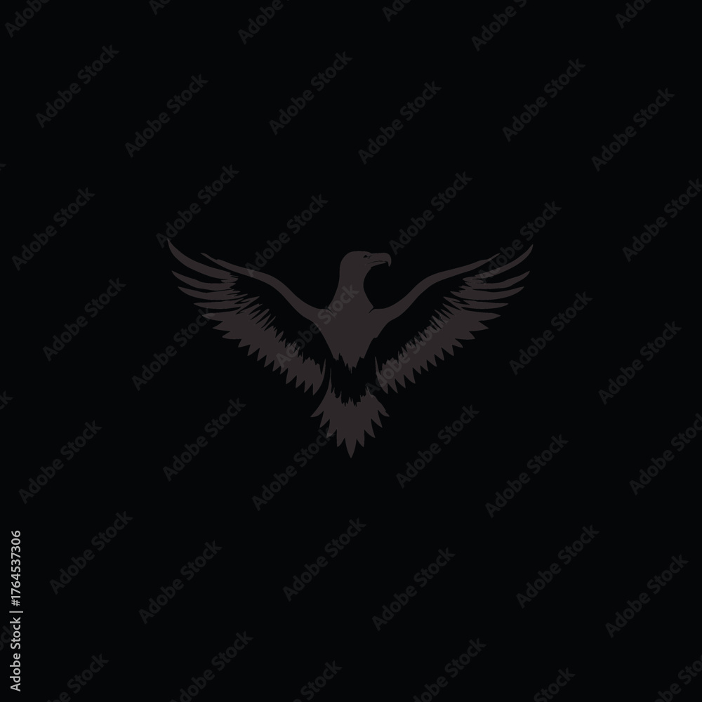 Fototapeta premium Majestic dark grey eagle silhouette soaring with wings spread, powerful bird of prey in flight, minimalist vector graphic design on black background.