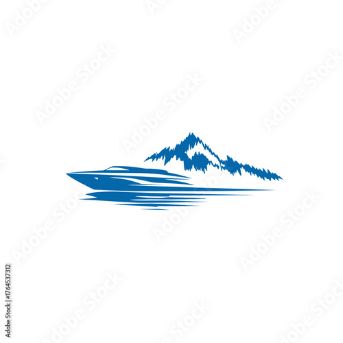 Dynamic blue speed boat illustration with mountain landscape, symbolizing water adventure, travel, and leisure activities.
