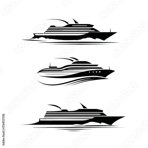 Elegant luxury yacht and cruise ship vector illustrations set, dynamic marine vessel designs with wave elements for travel and maritime concepts.