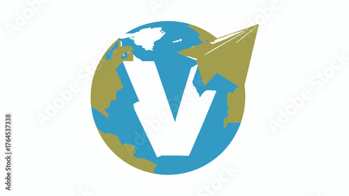 Stylized globe with landmasses, blue oceans, and a white letter V, enhanced by a golden paper plane indicating global travel