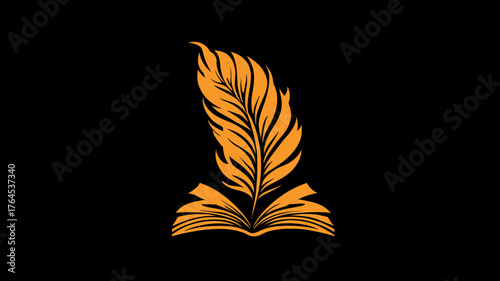 Stylized golden feather and open book icon on black background, representing wisdom, literature, education, and creative writing.