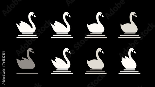 Elegant white swan silhouettes vector set on black background. Graceful bird icons collection for design and branding.
