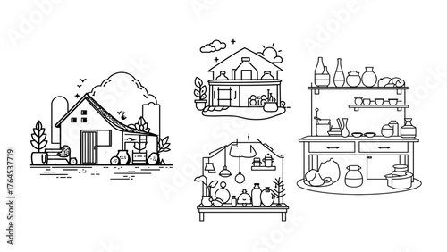 Charming collection of vintage farmhouse illustrations perfect for rustic home decor or quaint country store designs, adding a touch of nostalgic charm
