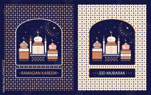 Ramadan Kareem and Eid Mubarak Greeting Cards Set. Islamic Design with Mosque and Crescent Moon, Vector Illustration