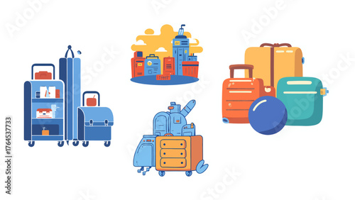 Whimsical luggage and travel stickers, perfect for adding a playful touch to travel planning or a fun vacation scrapbook, ideal for travel agency ads