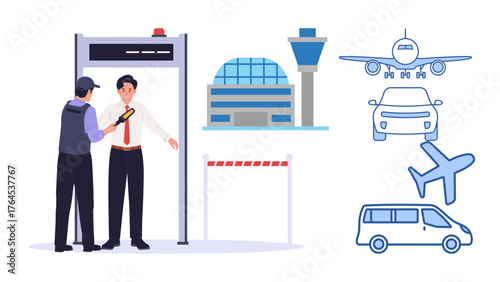 Airport Security Checkpoint Illustration: Passenger Screening for Safe Travel, Emphasizing Modern Transportation and Security Measures for Global Connectivity