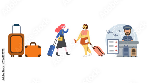 Excited travelers with luggage ready for adventure, airport security check, global travel concept, holiday vacation planning, safe travels, vector graphics