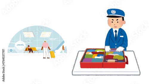 Airport security inspecting luggage, ensuring passenger safety before flight departures, providing peace of mind for travelers with efficient procedures