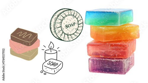 Colorful handcrafted soap bars with natural essential oils for luxurious skincare and gentle cleansing routine, promoting wellness, healthy skin, and relaxation