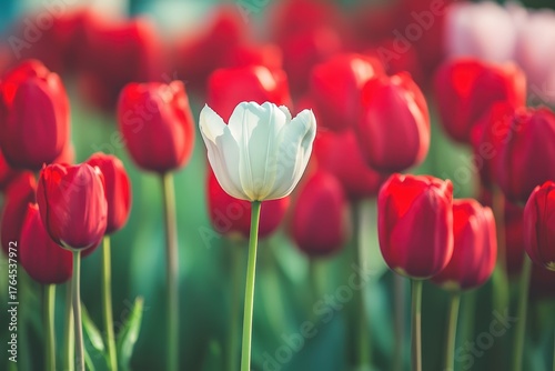 Elegant White Tulip in a Field of Vibrant Red Tulips, Illuminated by Soft Sunlight