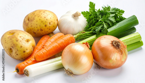 Fresh raw vegetables including potatoes, carrots, onions, leek and celery arranged on white background for healthy cooking