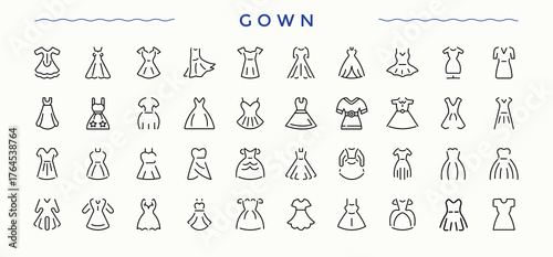 Gown icon set. Art outline icons collection. Isolated icons. Style linear icon collection. Editable stroke. Pixel Perfect.