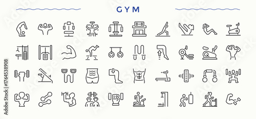 Gym linear icon set. Exercise ui icons set in a thin style. Icons for website. Fitness icon set. Editable vector.