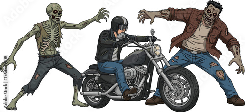 Brave biker fighting zombies on motorcycle, horror apocalypse illustration, undead attack scene, scary cartoon artwork perfect for Halloween and survival themes