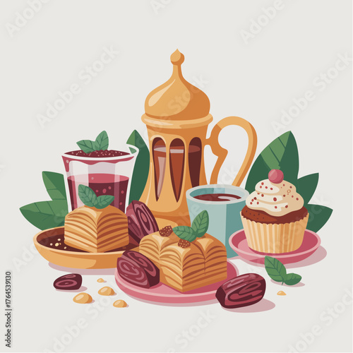 Delicious baklava and sweets arranged with dates and drinks for iftar during Ramadan, creating a festive and inviting atmosphere.