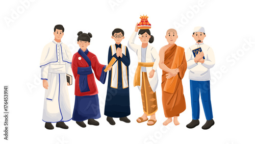 Diverse faiths unite portraying religious harmony and cultural understanding featuring various religious representatives in traditional attire, fostering interfaith.