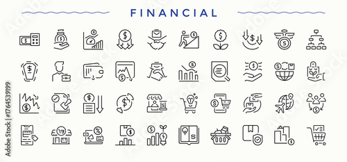 Financial icon set. Investment line icon set. Pictograms of exchange, banking, payment, bank, wealth and more. Editable stroke.
