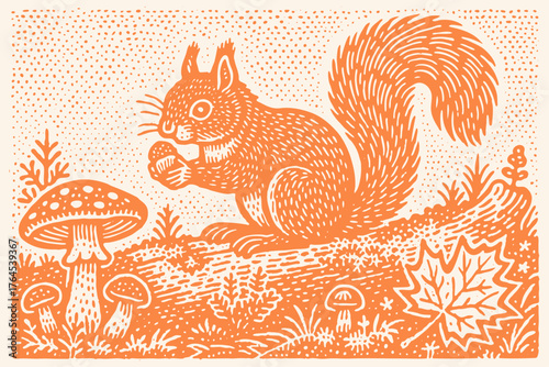 A cute squirrel holds a nut in a forest scene with mushrooms and a maple leaf. Vintage vector illustration in a classic hand-drawn woodcut or linocut style.