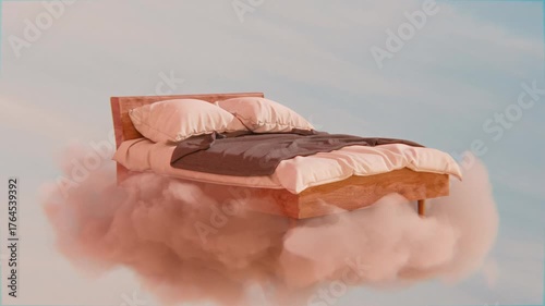 4K seamless 3D loop of a wooden bed drifting through clouds in soft daylight. Dreamy, serene atmosphere symbolizing rest, imagination, and peaceful morning inspiration.