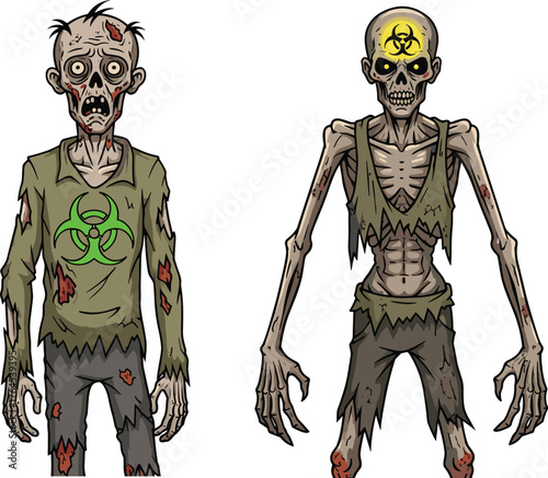 Radioactive zombie characters with biohazard symbols, toxic undead creatures from apocalypse, horror infection concept, scary nuclear mutant monsters illustration