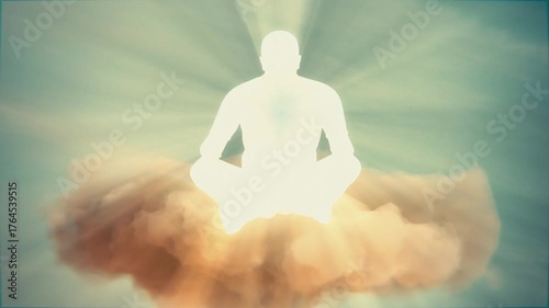 4K seamless 3D animation of a glowing human figure meditating on a floating cloud, surrounded by warm divine light. Symbol of peace, spiritual awakening, and enlightenment.