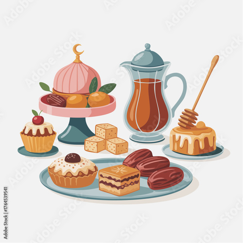 Delicious Middle Eastern sweets and dates arranged on a platter with a pitcher of juice, symbolizing Ramadan celebrations and cultural richness.