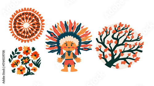 Whimsical tribal chief with vibrant headdress and floral details, perfect for a playful, colorful design concept or illustration project with a happy, cultural touch
