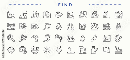 Search vector icon set. Collection for mobile and web apps. Contains such icons as discovery, analysis, investigate, magnify, data, research. Vector illustration. Research modern icon set.