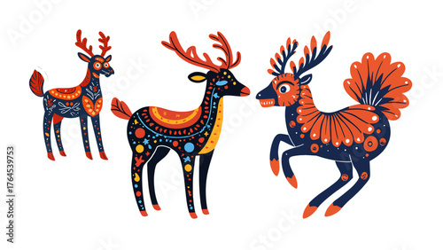 Enchanting reindeer trio with intricate folk art patterns evokes holiday cheer and cultural richness, perfect for festive designs and seasonal promotions