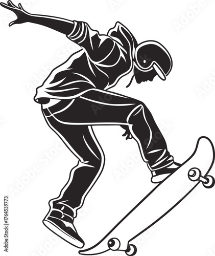 Dynamic skateboarder performing aerial trick in silhouette style for action sports isolated on transparent background