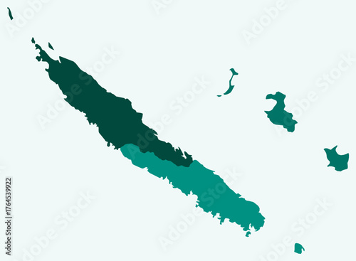 Map of New Caledonia with regions. Just a simple country border map with region division. Teal color palette. Plain New Caledonia shape with administrative division. Vector illustration.