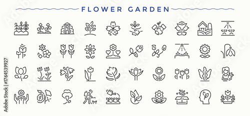 Flower Garden modern icon set. Contain linear sign blossom, nature, garden, plant, flora, floral and more. Bloom icon set. Modern vector illustration. Vector artwork and illustration.