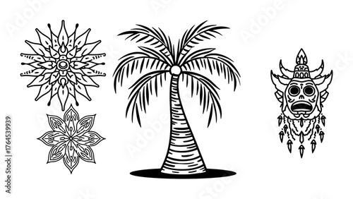 Striking tropical palm tree art with lotus flower and tribal mask in textured monochrome, perfect for modern designs and creative projects, impactful and unique
