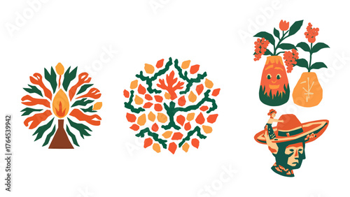 Whimsical folk art arrangement with playful figures and floral motifs radiates charm, perfect for adding a touch of handcrafted joy to any project