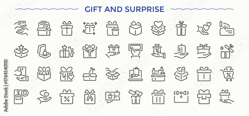 Gifts icon set. Contain linear symbols celebration, ribbon, surprise, celebrate, christmas, present and more. Celebrate icon collection. Thin web icons. Editable stroke.