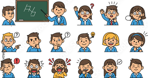 Cartoon Classroom Characters Showing Emotions and Reactions – Teaching, Thinking, Laughing, Confused, Surprised, Shouting, Happy, Curious, Expressive Faces