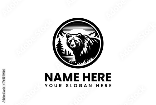 Bold Black Bear in a Circular Emblem with Mountain and Forest Elements.
