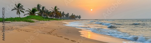 A tranquil beach scene at sunset, featuring gentle waves, palm trees, and a serene atmosphere, perfect for relaxation and nature appreciation.