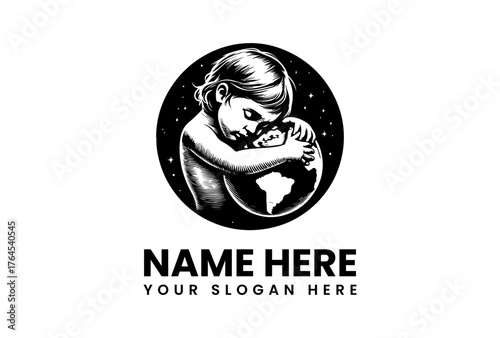 Child Embracing Earth Globe in Night Sky Woodcut Style Illustration.