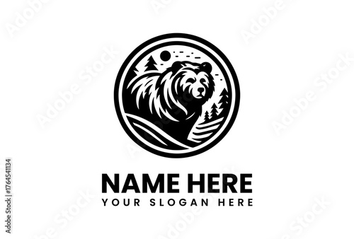 Detailed Black Bear Logo with Mountain Landscape and Forest Elements.
